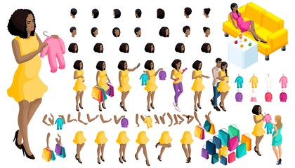Quality Isometry pregnant African American girl. Set of hairstyles and emotions of a girl. Set of hands and feet in motion. Set of babies and clothes, create your own character