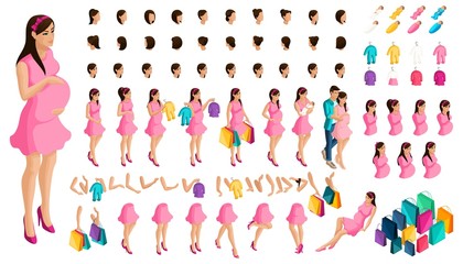 Isometrics create your pregnant girl or mother. Set of hairstyles and emotions of a girl. Set of hands and feet in motion. Set of babies and clothes, create your own character