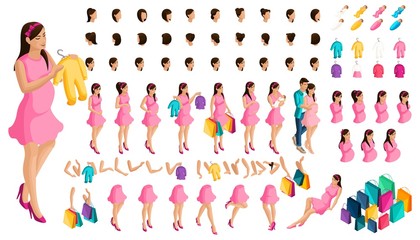 Isometrics create your pregnant girl or mother. Set of hairstyles and emotions of a girl. Set of hands and feet in motion. Set of babies and clothes, create your own character