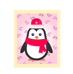Flat vector postcard - cute cartoon wingwin on a pink onene gradient. Idea for new year greeting card