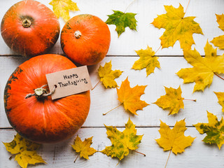 Bright Thanksgiving greeting card with ripe pumpkins, autumn leaves and and inscription. Preparing for the holidays. Congratulations for loved ones, relatives, friends and colleagues