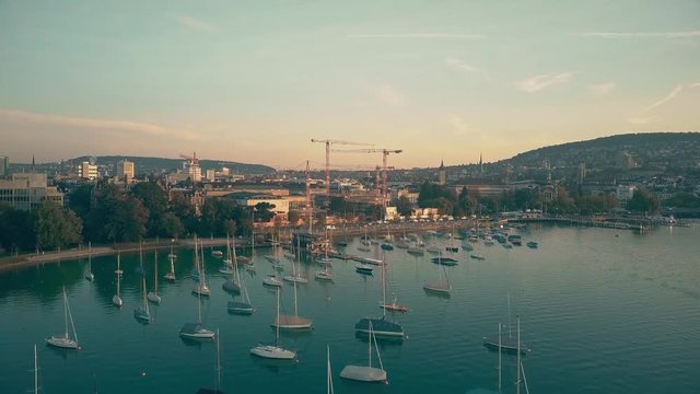Aerial shot of Zurich cityscape and lake waterfront, Switzerland