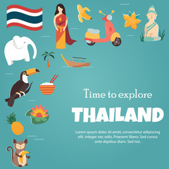 Thailand bright poster with landmarks and symbols