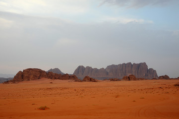 panoramic view of wadi rum desert lookin like mars planet with rocks and red sand