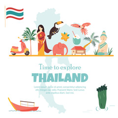 Thailand bright poster with landmarks and symbols