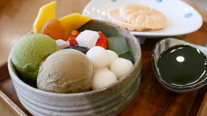 Close up shot of a Japanese dessert (Anmitsu)