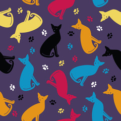 Seamless pattern with colorful cats and traces.
