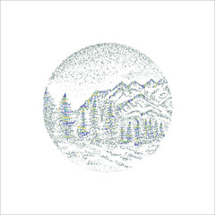 Color illustration of mountains inscribed in a circle, trees and the depth of the sky.