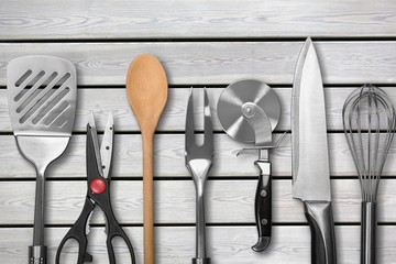 Set of modern steel kitchen utensils