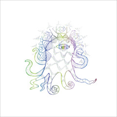 Obraz na płótnie Canvas Neon and white illustration of a fabulous octopus that drinks tea.