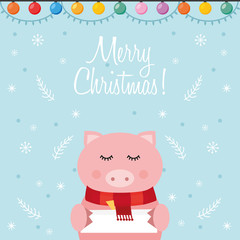 Merry christmas greeting card, cute polar pig with gift, cartoon vector illustration.