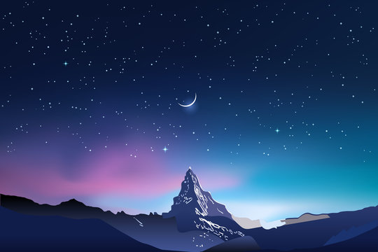 Snowy mountains silhouettes, pink and blue night sky landscape with stars, starry sky, half moon, crescent, vector illustration