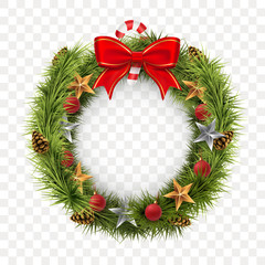 Round Christmas wreath isolated on transparent background. Spruce wreath with golden stars, xmas balls, red bow and lollipop. Traditional winter holiday decoration. Vector illustration. © alexandertrou