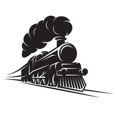 Monochrome pattern for design with retro train on rails. Vector scalable illustration