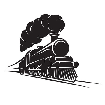 Monochrome pattern for design with retro train on rails. Vector scalable illustration