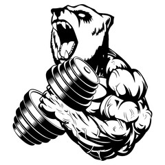 Strong bear the athlete performs the exercise for biceps with dumbbells