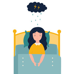 Lonely sad girl in sorrowful mood lying in the bad