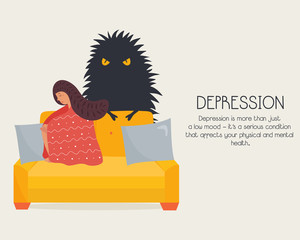 Poster with depressed lonely girl and abstract fear