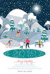 Fototapeta na wymiar Merry Christmas 2019 poster with people walking outdoors in park.
