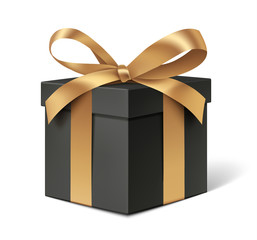 Decorative black gift box with golden bow isolated on white for black friday sale design. Vector illustration