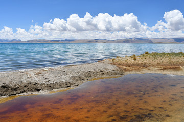 China. Great lakes of Tibet. Holy lake Teri Tashi Namtso in sunny summer day