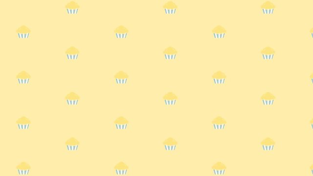Dise&ntilde;o de patr&oacute;n con ilustraciones de muffins o cupcakes amarillos y azules en movimiento sobre fondo amarillo