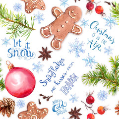 Stoffe zum Nähen Christmas lettering about snow and holidays. Fir branches, ginger man and cookies, baubles, snow flakes. Seamless pattern with hand written text. Watercolor