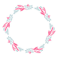 Christmas Hand Drawn wreath red and blue Floral Winter Design Elements isolated on white background for retro design flourish. Vector calligraphy and lettering illustration
