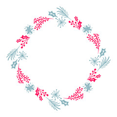 Christmas Hand Drawn wreath red and blue Floral Winter Design Elements isolated on white background for retro design flourish. Vector calligraphy and lettering illustration