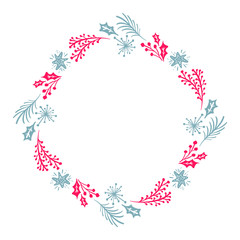 Christmas Hand Drawn wreath red and blue Floral Winter Design Elements isolated on white background for retro design flourish. Vector calligraphy and lettering illustration