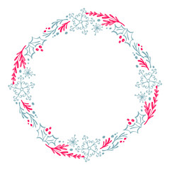 Christmas Hand Drawn wreath red and blue Floral Winter Design Elements isolated on white background for retro design flourish. Vector calligraphy and lettering illustration