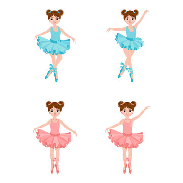 Vector set with cute little ballerinas in pink and blue dresses, bows and ballet shoes. Vector illustration.
