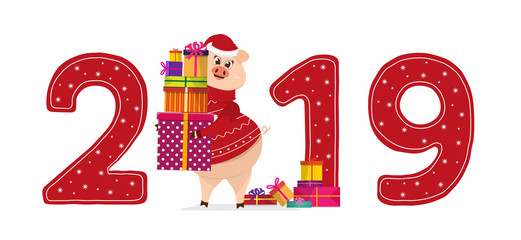 Logo, emblem, inscription, sign 2019 year with a funny pig  with stack box gifts. Used for calendar, New Years greeting, Christmas card, posters, banners,  sales and other winter events. Symbol of t