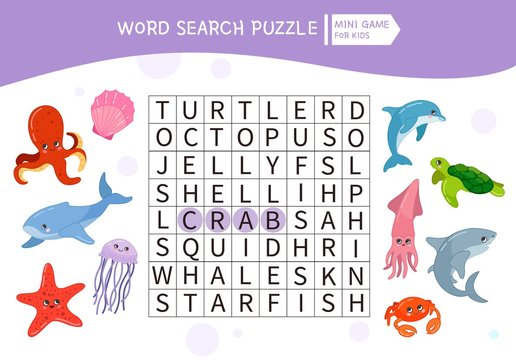 Educational Game For Kids. Word Search Puzzle With Cartoon Sea Animals. Kids Activity Sheet, 