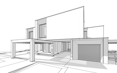 3d rendering sketch of modern cozy house by the river with garage for sale or rent. Black line sketch with soft light shadows on white background