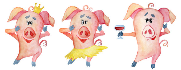 Cute Christmas pigs party Watercolor illustration