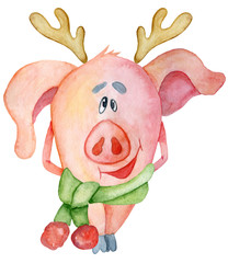 Cute Christmas pig Watercolor illustration