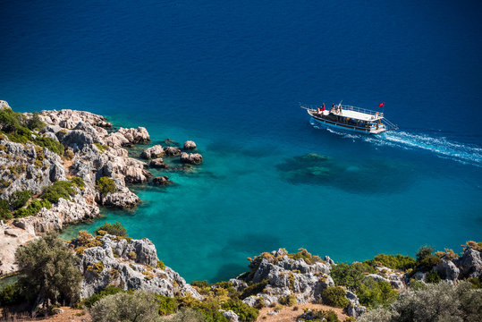 Gulet sailing boat in Kekova Bay, Antalya Province, Lycia, Anatolia, Mediterranean Sea, Turkey Minor