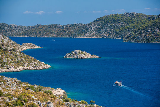 Gulet sailing boat in Kekova Bay, Antalya Province, Lycia, Anatolia, Mediterranean Sea, Turkey Minor