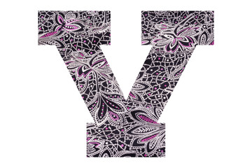 Letter V – with floral fabric texture on white background