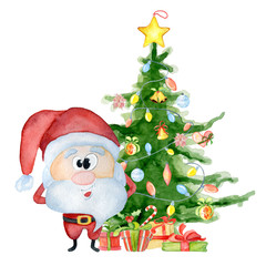 Cute Santa Claus with Christmas tree and gifts Watercolor illustration 