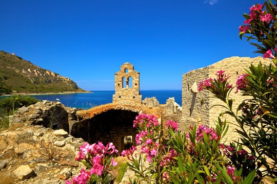 Ruined church, Limeni, Mani Peninsula, The Peloponnese, Greece
