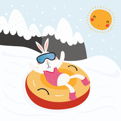 Hand drawn vector illustration of a cute funny bunny snow tubing outdoors in winter, with mountain landscape background. Scandinavian style flat design. Concept for children print.