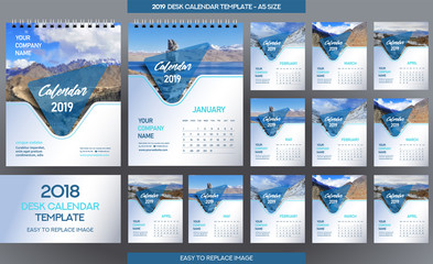 Desk Calendar 2019 template - 12 months included - A5 Size  - obrazy, fototapety, plakaty