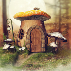 Chatka z grzyba i latarnia w baśniowej jesiennej scenerii © Obsidian Fantasy
