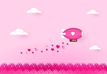 Love and valentine day. zeppelin with heart and falling hearts. Paper art © mirsad