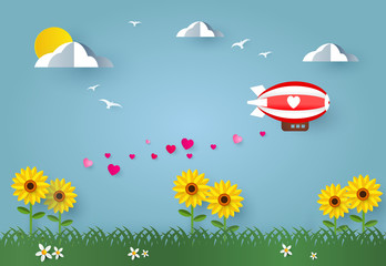 Love and valentine day. zeppelin with heart and foling hearts. Paper art © mirsad