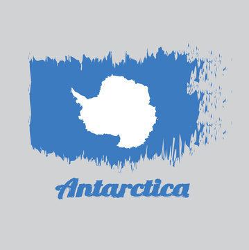Brush style color flag of Antarctica, A plain white map of the continent on a blue background. with text Antarctica.