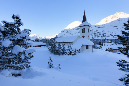 Chiesa Bianca surrounded by snow, Maloja, Bregaglia Valley, Engadine, Canton of Graubunden