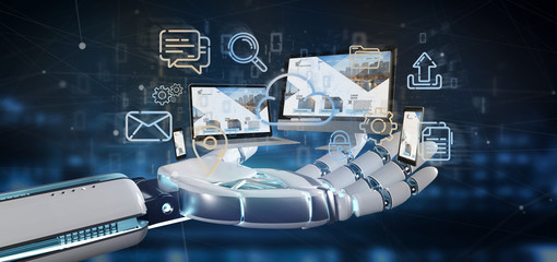 Cyborg hand holding a Devices connected to a cloud multimedia network 3d rendering
